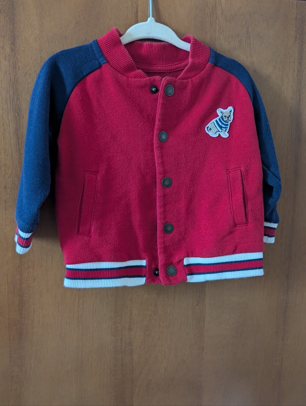 Janie and Jack Red and Navy Varsity Bomber Jacket with Dog Patch